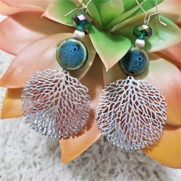 Artisan Hand Crafted Earrings Silver Leaf Teal Beaded Pierced - Picture 4 of 5